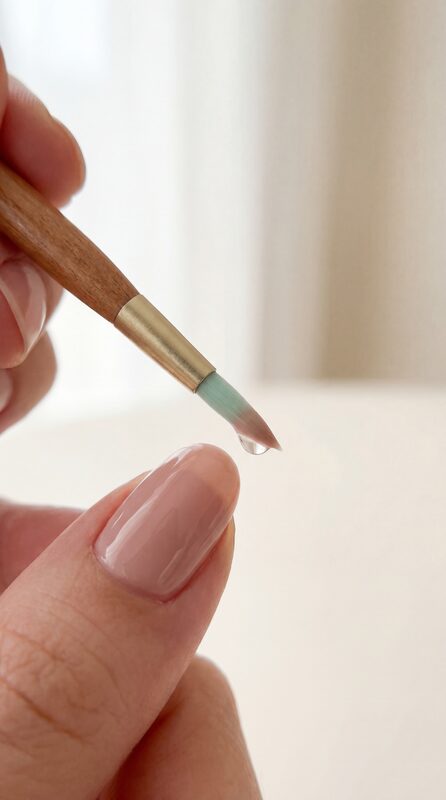 Pincel de uñas de mango dorado en la mano de la técnica